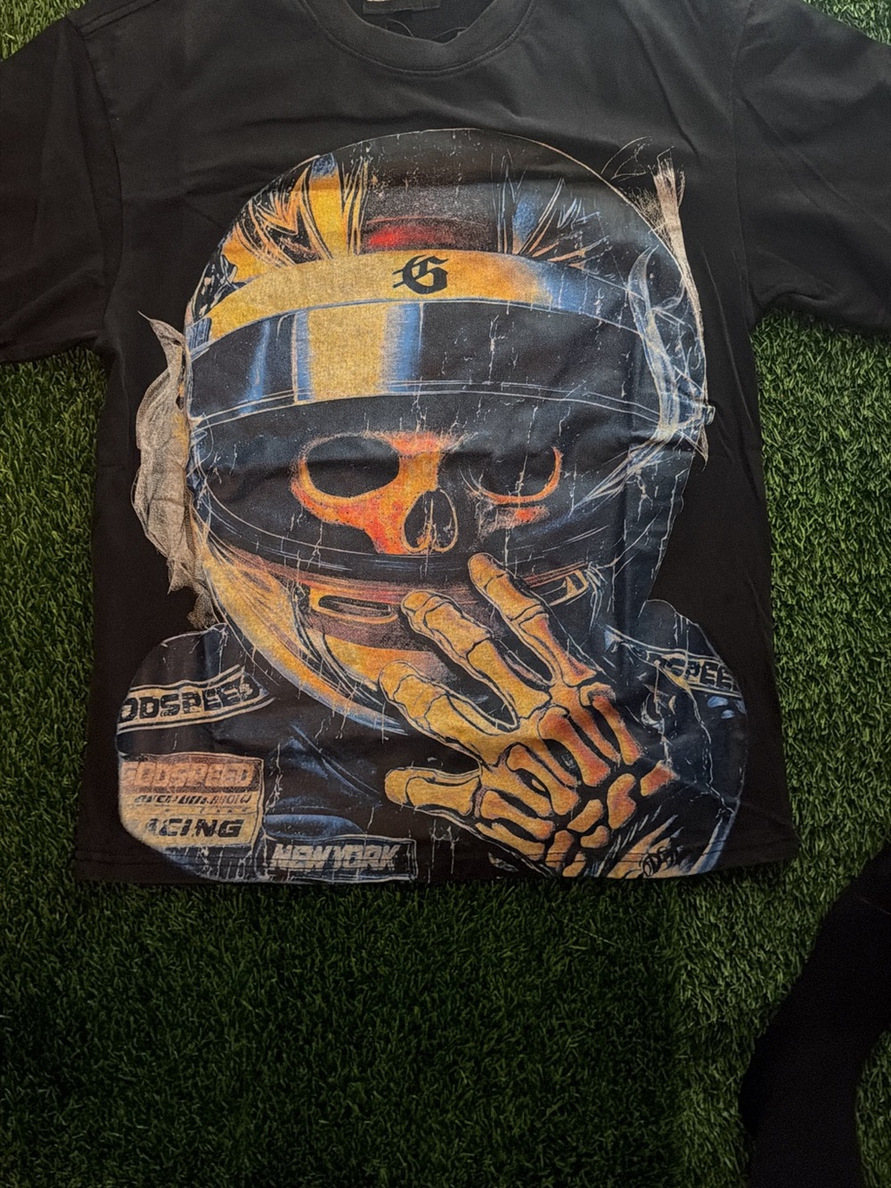 Kids Black Graphic Racing Skull Tee with Yellow Accent
